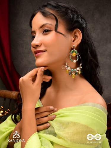 Image of SANJOYA by EVERSTYLISH Embroidered Earrings for Women | Hoop Earrings with Stones, Beads, Pearls & Glass Drops | Lightweight Ethnic & Festive Jewelry for Weddings & Parties