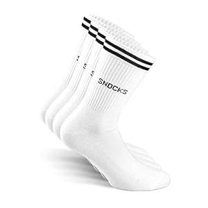 Snocks Retro Socken aus Bio Baumwolle 4 Paar - Lifestyle Socken im Streifen Design - Lange Tennissocken für Damen & Herren - Hohe Sportsocken - Gr. 35-38 - Farbe Weiß