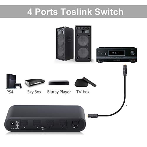 Neoteck Optical Audio Switcher 4 x 1 Toslink Digital Switch 4 Eingang 1 Ausgang mit optischem Kabel und IR-Fernbedienung 1: 1-Übertragung für Blu-Ray-Player Soundbar – Bild 3