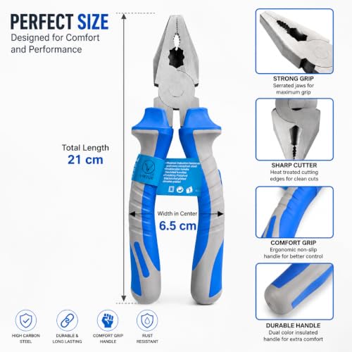 Image of Combination Pliers 8 Inch (21 cm)| Heavy Duty Chrome Vanadium Steel Cutting Plier| Multipurpose Lineman Pliers with Soft Grip Handle |Wire Cutter, Cable Cutter, Electrical& Home Repair Tool (Red &Blue