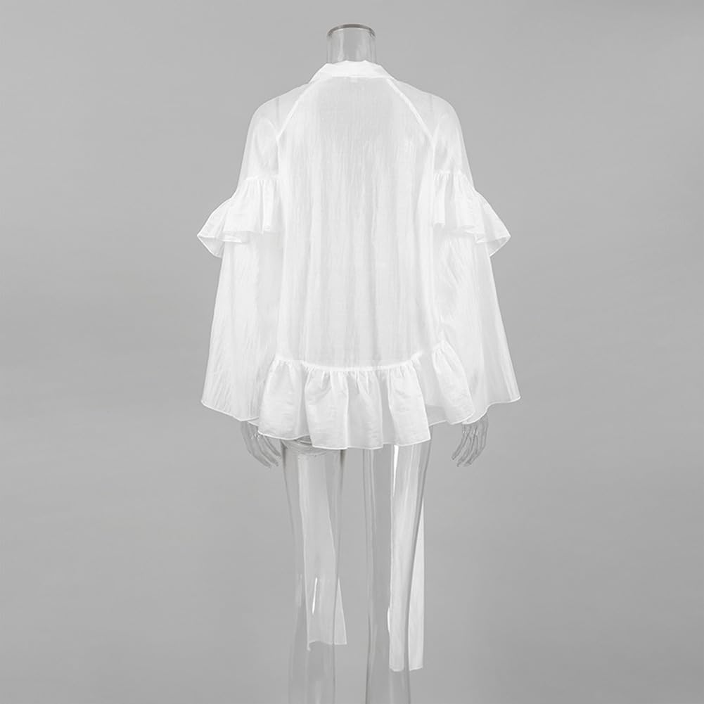 Blouse à col en V pour femmes Hauts à volants Garniture à manches longues Voir à travers Flowy Dressy Chemise de travail élégante
