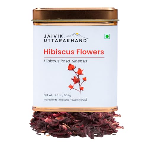 Image of Jaivik Uttarakhand - Dried Gudhal Hibiscus Flower Tea (56.7 g), Caffeine-Free, Antioxidant-Rich, Enhances Fat Metabolism, Non GMO, Pack of 1 Tin Box