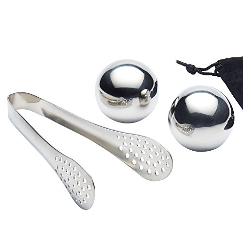 Image of Barcraft Ice Ball Set for thinKitchen:, Premium Stainless Steel, Pack of 2 Reusable Ice Cubes with Tongs & Velvet Storage Bag - Silver Finish