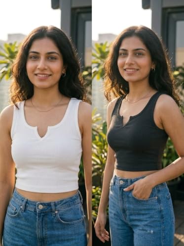 Image of Women's Ribbed Tank Top Pack of 2 Sleeveless Notch V-Neck Fitted Stretchable Crop Top Combo for Casual Wear, Gym, Layering, Summer Fashion (White & Black).