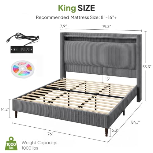 Image of King Size Bed Frame with 55.3 inch Tall Headboard, Corduroy Upholstered, Grey
