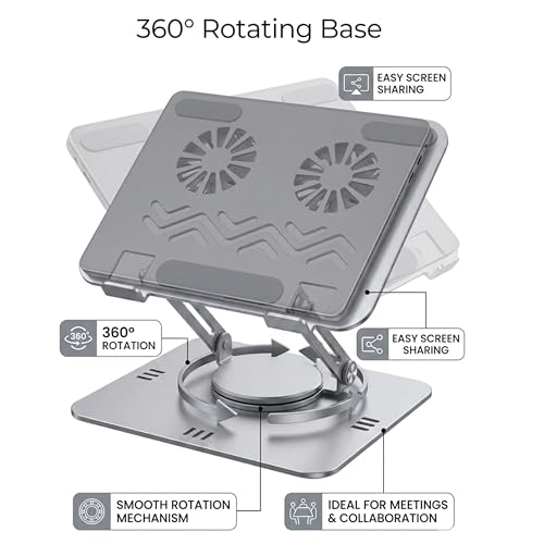 Image of COOLCOLD Laptop Stand with Detachable Magnetic Dual Cooling Fans, 360 Rotating Base, Adjustable Height & Angle, Foldable Ergonomic Laptop Holder for MacBook, HP, Dell, Lenovo (Grey)