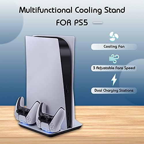 Mcbazel Vertical PS5 Console Cooling Charger Station,Multifunctional Blue Light LED Cooling Stand with Dual Fast Controller Charging Dock for Playstation 5 Console Not for PS5 Slim- White