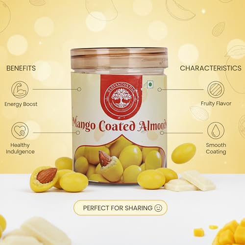 Image of Sarvandya Das Delicious Mango Coated Almonds | Premium Almonds Coated with Rich Milk Chocolate & Natural Tropical Mango Flavour | Crunchy Roasted Mango Badam Nuts | Healthy Sweet Snacks | 400g