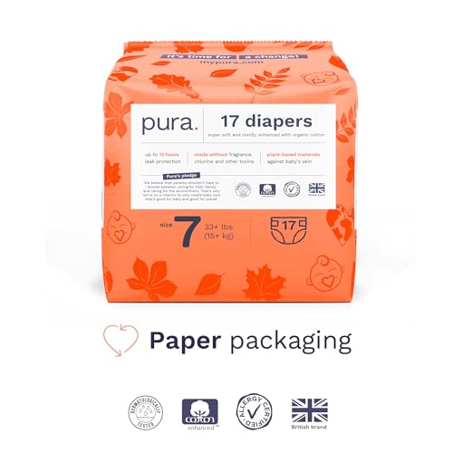 Image of Pura Size 7 Eco-Friendly Diapers (33+lbs) Totally Chlorine Free (TCF) Hypoallergenic, Soft Organic Cotton, Sustainable, up to 12 Hours Leak Protection, Allergy UK, 3 Packs of 17 (51 Diapers)