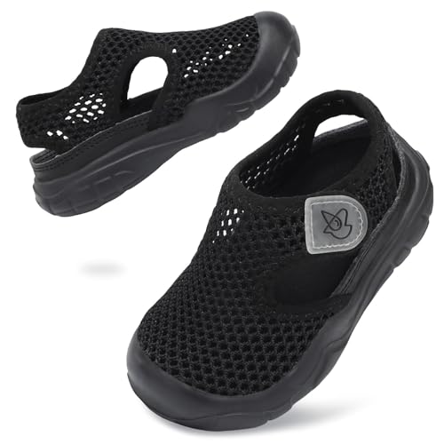 Image of JIASUQI Toddler Wide Sandals Girls Boys Barefoot Beach Sandals Kid Summer Lightweight Water Shoes for Indoor Outdoor Swim Pool(Black 23, UK Size 7)