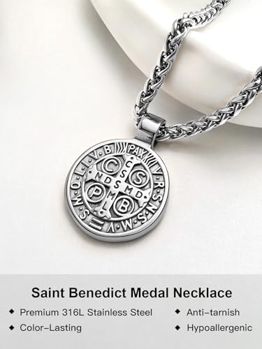 St Benedict Necklace for Men Women, 18K Gold Plated/Black Metal/Stainless Steel Saint Benedict Medal Cross Pendant Religious Catholic Amulet with Gift Box, Diameter 2/3/4CM Option4