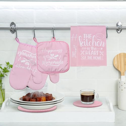 8-Pcs Pink Oven Mitts and Pot Holders Set – Pink Kitchen Accessories, Includes 2 Oven Mitts, 4 Pot Holders, 2 Dish Towels, for Baking, Cooking, Farmhouse, Housewarming, Christmas, Valentine's Day - image 8
