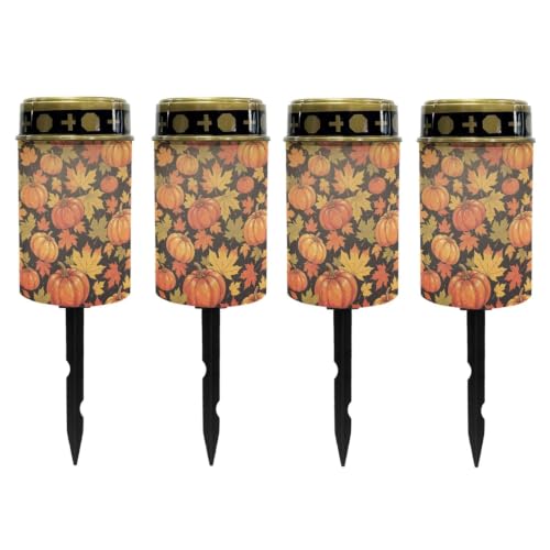 Image of Poceacles Solar Lights Outdoor Waterproof Grave Lights for Cemetery LED Flameless Candle Cemetery Solar Pillar Candles Outdoor Decor, Pumpkin Maple Leaf Orange Black, Pack of 4