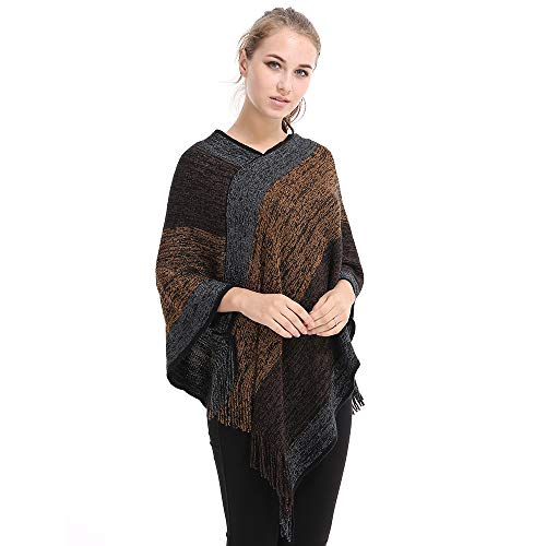 Image of Women's Elegant Knitted Shawl Poncho with Fringed V-Neck Striped Sweater Pullover Cape Gifts for Women Mom