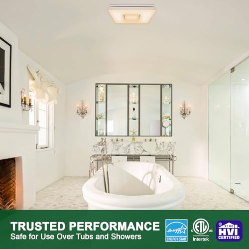 Image of Akicon Bathroom Exhaust Fan with Light, 90 CFM, 1.5 Sones Bath Fan Light Combo, 15W Dimmable 3CCT LED Light with 5W Night Light Ventilation fan for Home, Square, White