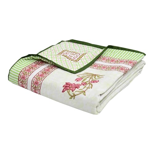 Image of BLOCKS OF INDIA Hand Block Printed Cotton Single Size Reversible Malmal Dohar for Summer (Green Leaf)| TC - 200
