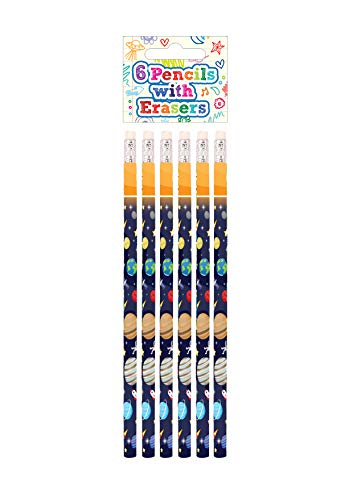 HENBRANDT 6 Pièces HB Crayons Espace avec Gomme à Effacer pour Enfants, Sacs de Fête Cadeau d’Anniversaire Enfant Fille Garçon