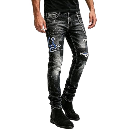 Blukraf] Mens Slim Fit Stacked Jeans - Low Stretch Ripped Destroyed Denim Male Pants Casual Y2K Streetwear Biker Jeans