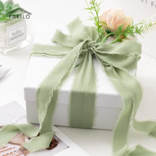 FAKILO Handmade Fringe Chiffon Ribbon - 4 Rolls 1'' X 5 Yd Light Green, 20 Yd Chiffon Silk Ribbon for Wedding Invitations, Bridal Bouquets, Gifts Wrapping, DIY Crafts - Image 6
