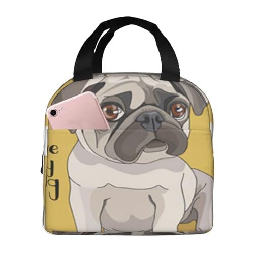 断熱ランチバッグ 大容量 防水 熱漏れ防止 スタイリッシュで丈夫 仕事、学校、アウトドア活動に便利 男女兼用 (茶色の犬の子犬パグと黄色のかわいい愛らしい動物の漫画キャラクターの首輪)