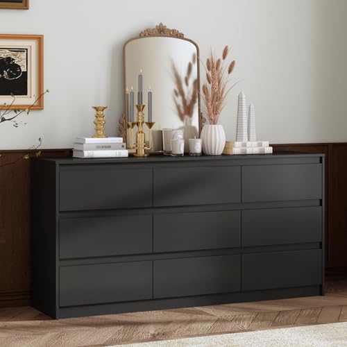 Hitow Dresser for Bedroom with 9 Deep Drawers, Large Modern Chest of Drawers Handle Free, Freestanding Black Long Dressers for Closet Living Room, Ball Bearing Slide (63' W x 15.7' D x 31.5' H)