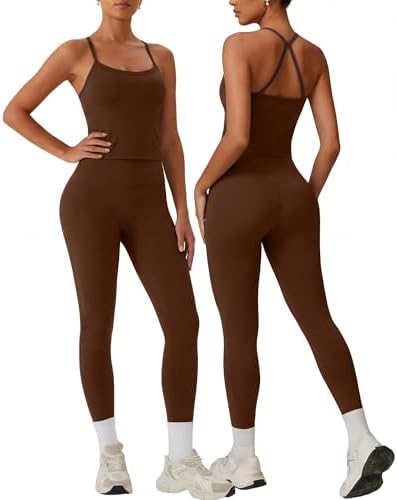 Coume Womens 2 Piece Workout Sets Cross Back Tank Top Built in Bra High Waist Legging Matching Set Seamless Yoga Gym Outfits(Brown,Large)