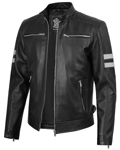 Image of fjackets Mens Leather Jacket - Real Lambskin Cafe Racer Moto Biker Stand Collar Jacket
