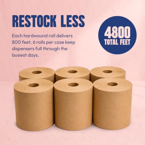 Image of Hardwound Paper Towel Rolls, 8 Inch x 800 Feet, 1-Ply Brown Kraft Commercial Hand Towel Rolls, Fits Universal 8 Inch Dispensers, 100% Recycled, 6 Rolls per Carton, 4800 Feet Total