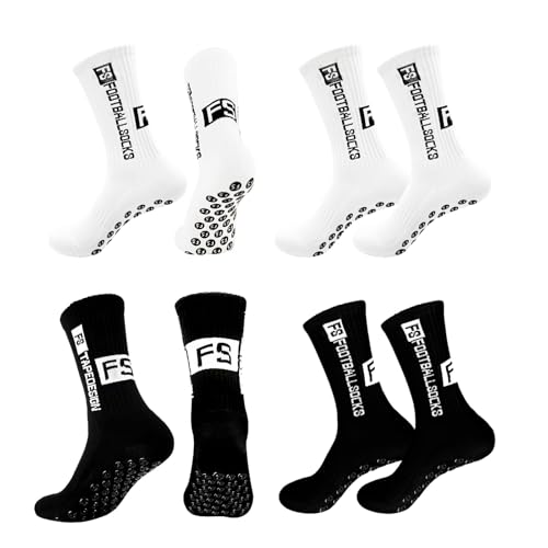 DYMHQ Calcetines antideslizantes para hombre, 4 pares, blanco y negro, talla 41-45, para fútbol, pantorrilla media, deportes al aire libre, running