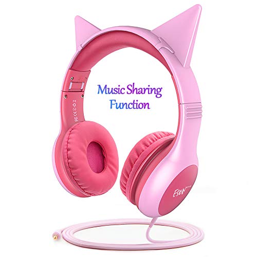 Esonstyle Kids Headphones Pink Girls Update Music Sharing Function,Wired Over Ear Cat Ear
