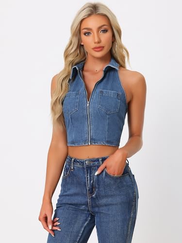 Allegra K Denim Halter Top for Women's Zipper Up Collared Sleeveless Jean Corset Crop Tank Tops4