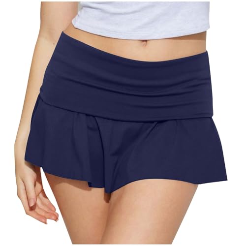 Summer Skirts for Women Casual Fold Over Low Elastic Waist Pleated Short Skirt Workout Gym Tennis Athletic Mini Skirts - Main Image