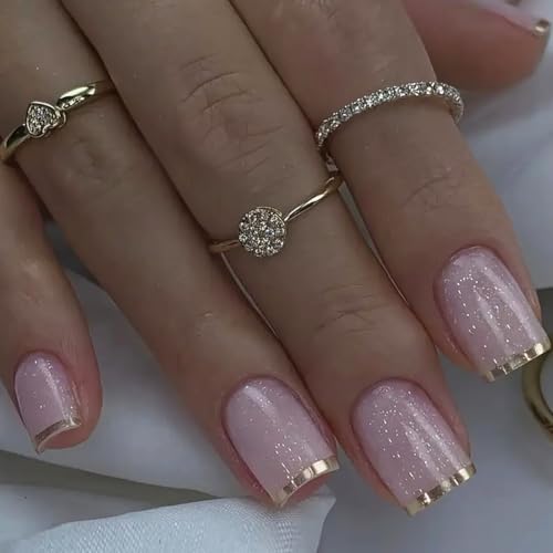 Press on Nails Medium Coffin Shape Gold French Tip Fake Nails with Designs Glitter Medium False Nails Summer Fall Nail Tips Full Cover Acrylic Glue Stick on Nails for Women French Manicure 24PCS