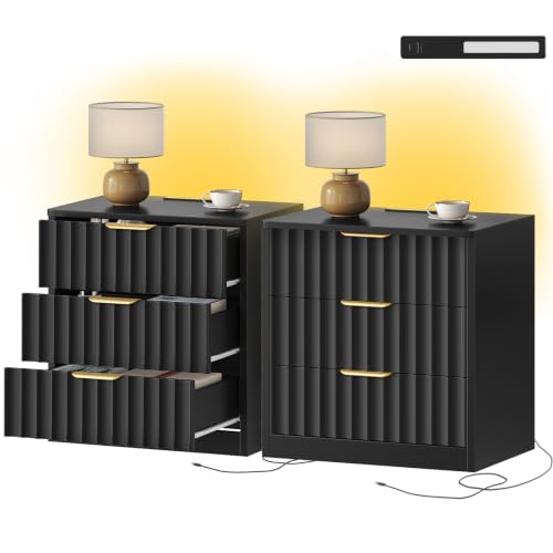 Image of TEENFON Fluted Nightstands Set of 2, Night Stand with Charging Station and LED Light, Nightstand with 3 Storage Drawers, Bedside Table for Small Space, Bedroom, Black
