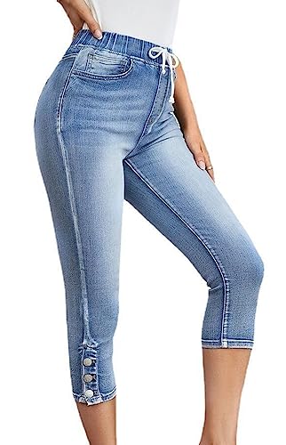 Conshvi Women's Drawstring Elastic Waist Slim Fit Pull On Capri Jeans Casual Stretch High Waisted Distressed Capris Pants