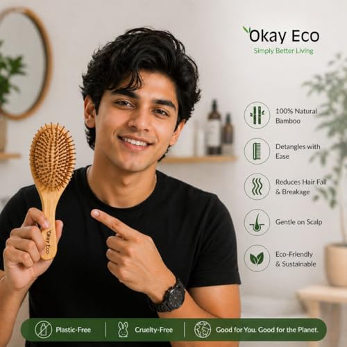 Image of Bamboo Paddle Hair Brush Combo Regular & Oval Shape Natural Gentle Detangling EcoFriendly Hair Care Tool