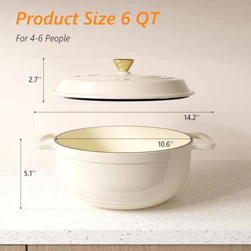 Bonnlo Enameled Cast Iron Round Pot, 27cm/5.6L Dutch Oven Cookware with Lid, Silicone Gloves, Heavy-Duty Pre-Seasoned Cookware for Bread Baking, Braising, Stews, Roasting - White, 6QT - Image 6