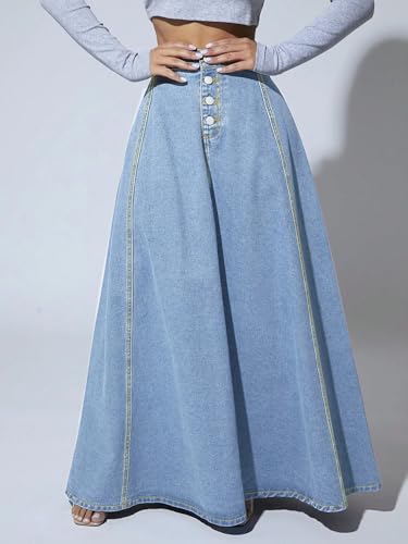 Women Denim a Line Single Breasted High Waist Jeans Vintage Maxi Simple Casual Elegant Splice Long Skirt (Light Blue,XX-Large)4