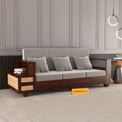 Image of Sheesham Wood 3 Seater Sofa | 3 Seater Sofa with 2 Drawer Storage | Wooden Sofa Set Furniture for Living Room Home Office (Natural Cane,Walnut Finish)