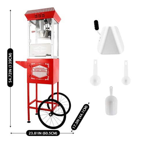 Image of 12 oz Popcorn Machine with Cart, Commercial Popcorn Maker Machine with Stainless Steel Kettle, Warming Light, Vintage Movie Theater-Style Popper for Home, Party and Carnival Events