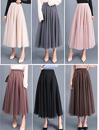 Feoya Womens Long Tulle Skirt Pleated A Line Layered Tutu Skirt High Waist Elastic Mesh Flowy Maxi Skirt For Wedding Party (Gray) #TOP2