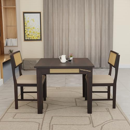 Image of Dining Table Set 2 Seater Dining Set for Home and Kitchen, Rattan Dining Table 2 Seater with Chairs Cane Furniture, Solid Sheesham Wood Dining Set