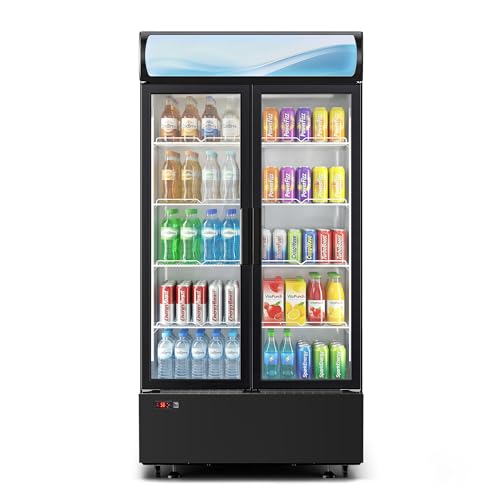 Image of 20 cu.ft Beverage Fridge, Commercial Refrigerators with LED Light, 2 Glass Door Drink Merchandiser with 8 Adjustable Shelves, 32-50F Digital Control ETL Certified Black
