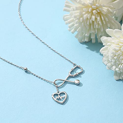 Sterling Silver Nurse Stethoscope Necklace - RN Nurse Graduation Jewelry Gifts Heartbeat Pendant3