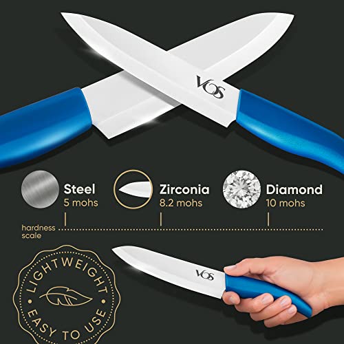 Vos Ceramic Knife Set, Ceramic Knives Set For Kitchen, Ceramic Kitchen Knives With Holder, Ceramic Paring Knife 3", 4", 5", 6" Inch Blue #TOP2