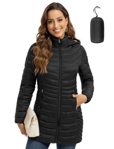 ROYAL MATRIX Packable Puffer Jacket for Women Hooded Lightweight Quilted Travel Long Puffer Coat with Pockets