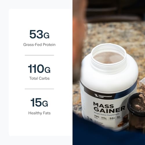 Image of Transparent Labs Mass Gainer Protein Powder - Naturally Flavored Grass-Fed Whey w / 53g Protein, 110g Carbs, High-Calorie Powder for Muscle Gain & Recovery, 3g Creatine - 15 Servings, Chocolate Glaze