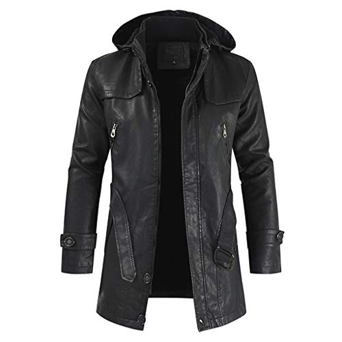 MWbetsy Beiläufige Art und Weise Leder-Mantel-Männer Motorradjacke Sport Vintage-Outwear Mittellanges Overcoat Tops Winter warm Gentleman Slim Fit Kleidung,Schwarz,XXL Cover