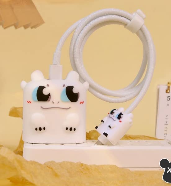 WIZADO Cute 3D Silicone 360 Protection Charger Case Cover Compatible for iPhone 18W-20W, Stylish Spiral Cable Protective Cover for iPhone Charger 18W-20W (Toothless-Dragon-White)