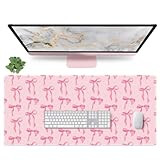 Large Pink Mouse Pad with Bows, 35.4 x 15.7in Full Desk Mat Pink Keyboard Mat Cute Computer Mouse Pad Home Office Supplies Accessories, Non-Slip Rubber Base Extra Large Gaming Mousepad, Girly Décor